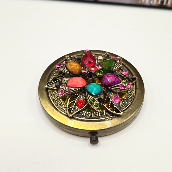 Jeweled Colorful Rhinestone Cabochons Ornate Brass Mirror Compact - Picture 2 of 13